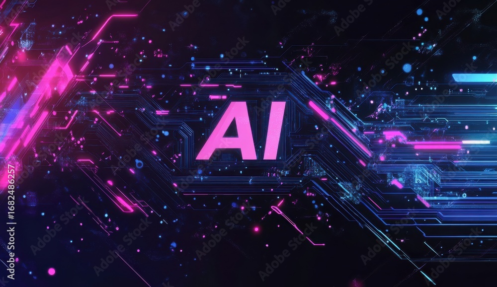 Poster artificial intelligence symbol with modern neon circuit design technology