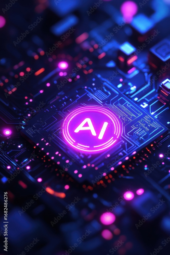 Poster futuristic glowing ai logo embedded in a digital circuit board design