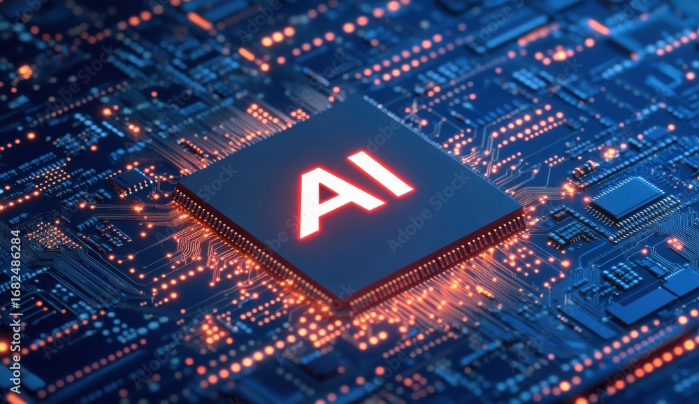 Poster artificial intelligence chip embedded in glowing futuristic circuit board technology