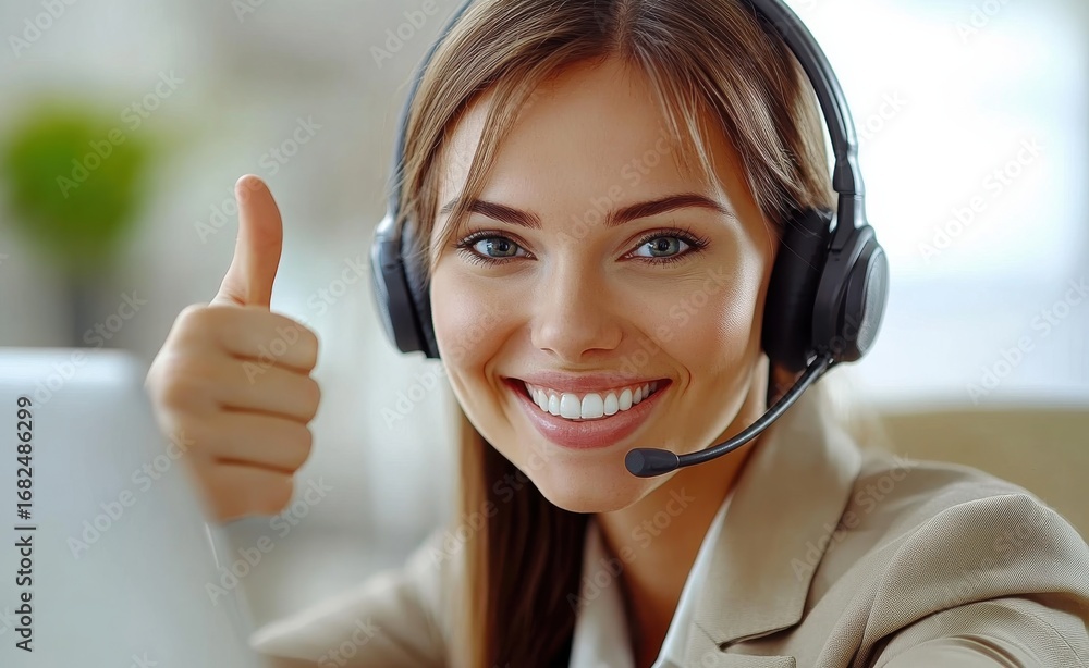 Poster Friendly Customer Service Representative Displaying a Positive Gesture With a Smile