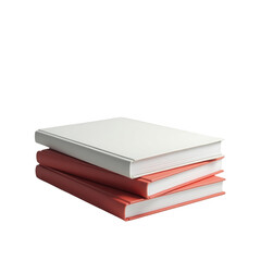A stack of three books with white and coral colored covers against a black background.