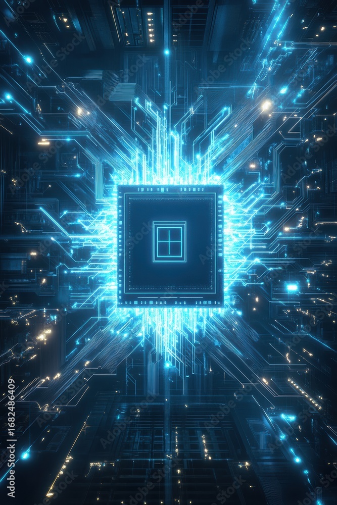 Poster abstract depiction of technology with a central glowing computer chip