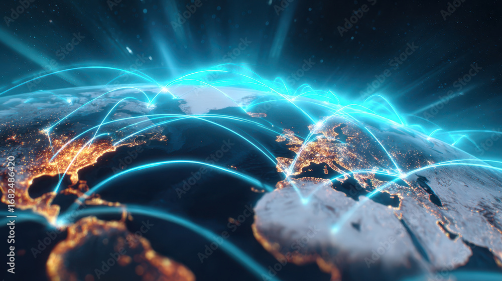 Poster digital earth cargo route abstract glowing line global connection night technology network transport