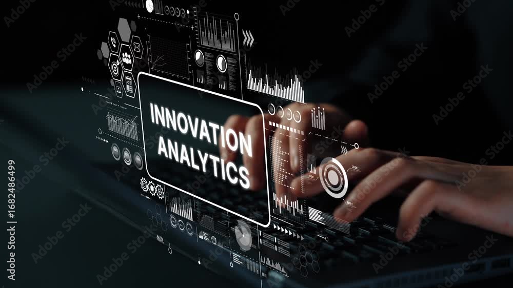 Poster close-up of hands typing on laptop with digital innovation analytics overlay and data visualization 