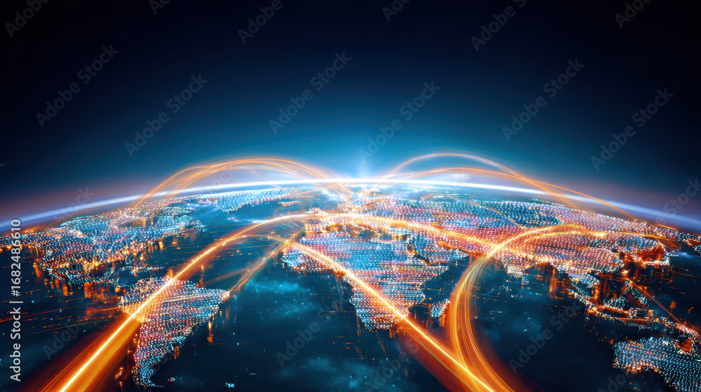 Poster global network digital connection technology data transfer communication world map glowing lines fut