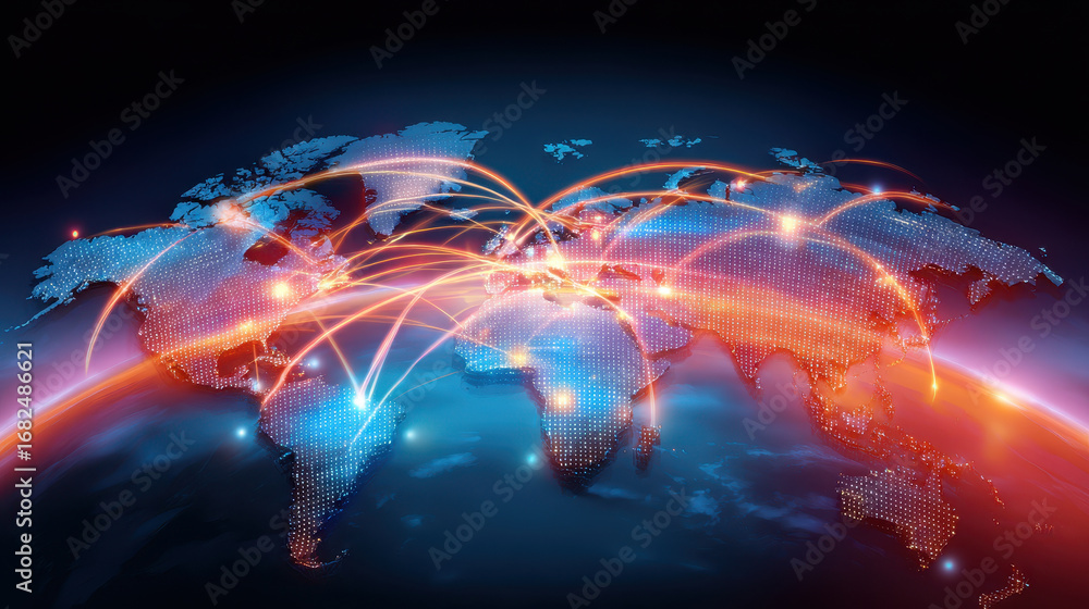 Poster global network digital world map data connection technology communication glowing lines internationa