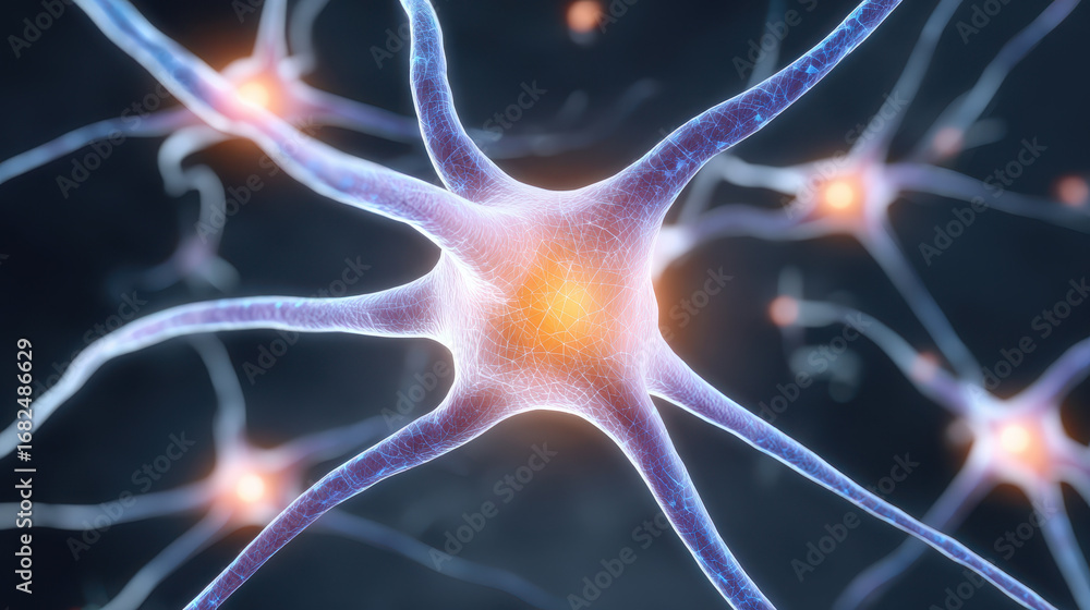 Poster neural network neuron artificial science biology technology digital glowing abstract connection. neu