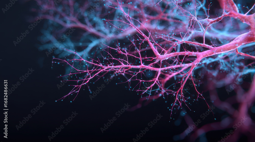 Poster neural network artificial intelligence digital abstract technology science blue pink connection data