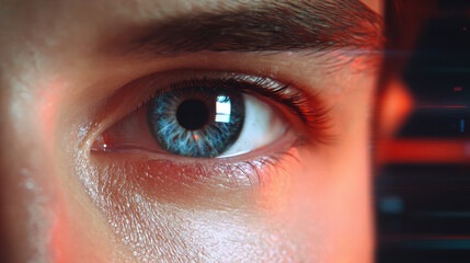 Blue eye closeup human face artificial intelligence retina scan technology futuristic digital interface security biometric identification emotional intensity