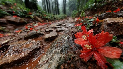 Obraz premium Forest path with rocks and scattered red flowers in a natural setting.