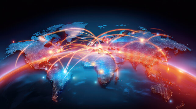 Global network digital world map data connection technology communication glowing lines international futuristic innovation blue background. vibrant digital illustration of world map with glowing