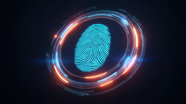 Futuristic biometric scanner interface with glowing fingerprint, digital security, blue and orange neon light, technology concept, cyber protection, innovation
