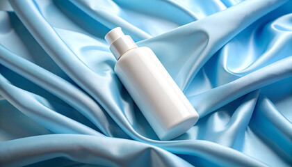 Matte Lotion Bottle Mockup on Powder Blue Satin Soft Folds, Gentle Light - Elegant Skincare Presentation