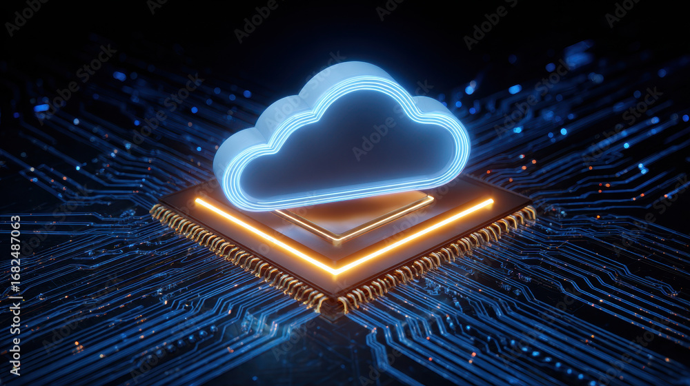 Poster cloud processor ai technology digital data futuristic blue glowing circuit innovation electronic mod
