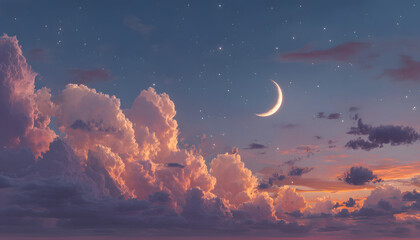 Fototapeta premium The moon and stars emerge in a cloudy night sky, refecting the peaceful ambiane of a Ramadan sunset