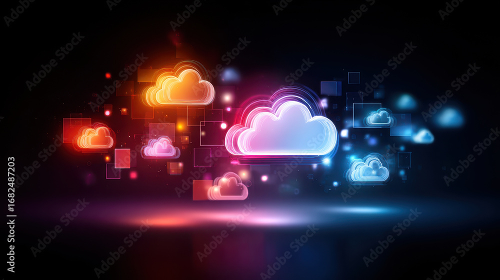 Poster colorful cloud icon digital technology remote access hybrid network data storage futuristic glowing 