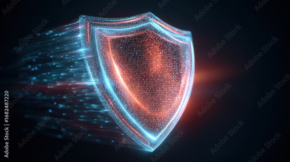 Poster digital shield cyber security glowing blue red data protection technology futuristic defense abstrac