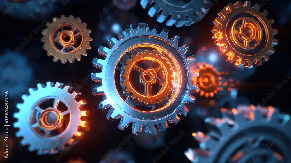 Aufkleber futuristic gears cog cybernetic digital spinning metallic technology abstract glowing mechanical cre