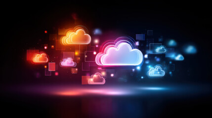 Colorful cloud icon digital technology remote access hybrid network data storage futuristic glowing abstract background innovation connectivity modern design