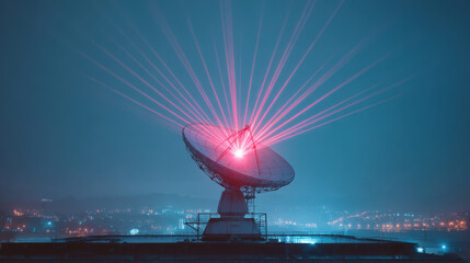 Satellite dish rooftop cyberpunk night city laser scanning technology futuristic glowing. large satellite dish emits vibrant red laser beams into misty night sky creating dramatic futuristic