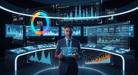 Businessman analyzing complex financial data on futuristic digital dashboard interfaces