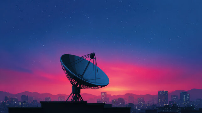 Satellite dish rooftop cityscape cyberpunk sunset scanning silhouette skyline technology communication. large satellite dish stands on rooftop scanning vibrant cyberpunk city skyline at sunset