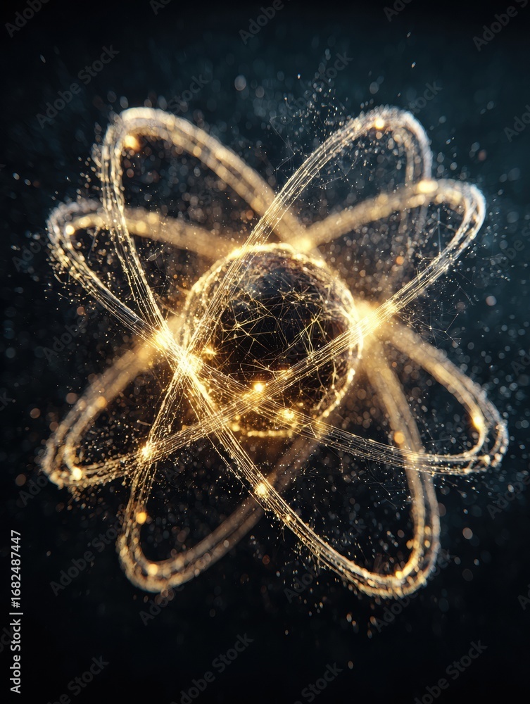 Poster beautiful golden atomic structure surrounded by glowing particles in a dark backdrop showcases the e