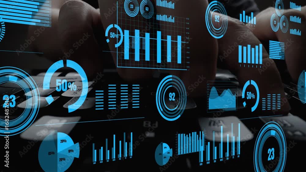 Poster close-up view of hands on a keyboard overlayed with glowing graphs and charts, illustrating data ana
