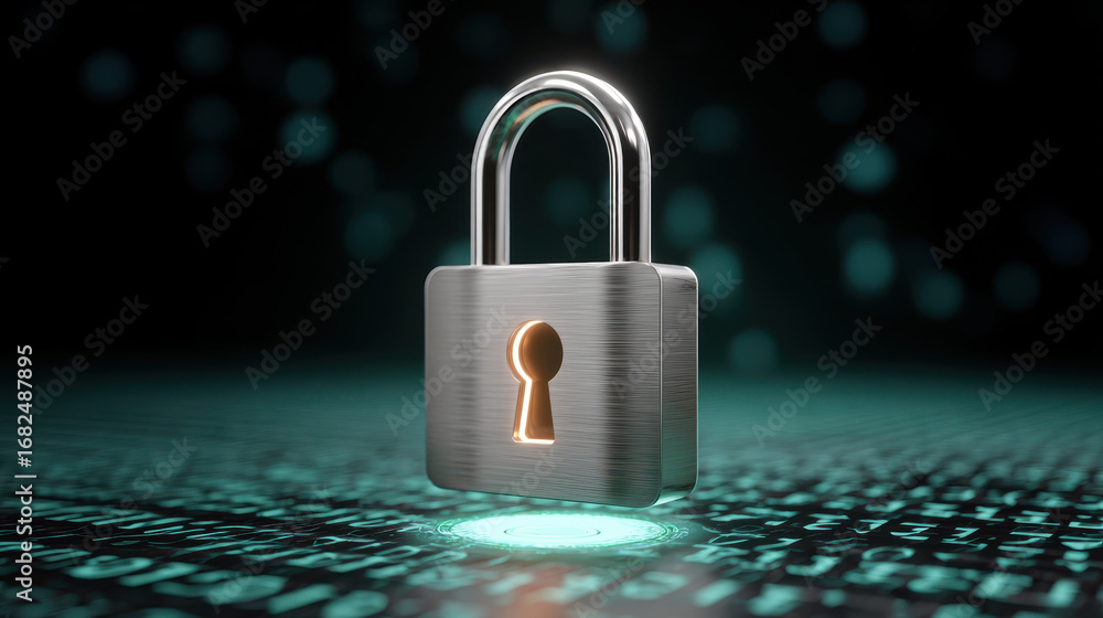 Poster metal padlock encryption digital security glowing keyhole cyber protection data privacy futuristic b