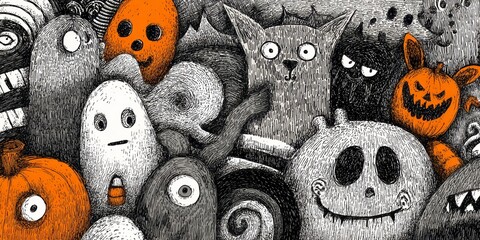 A whimsical Halloween-themed drawing displays various spooky characters in a detailed, intricate style.