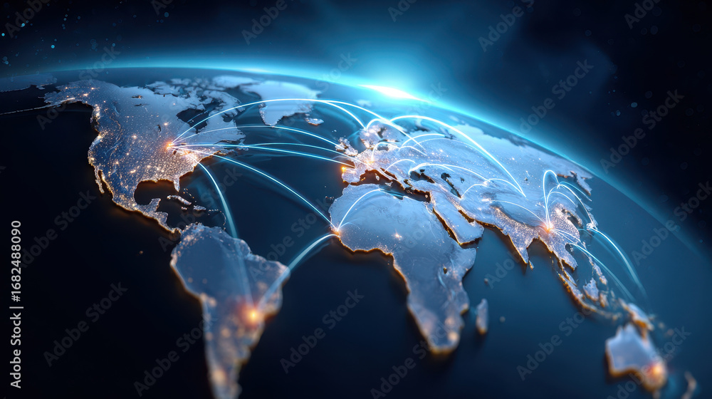 Poster global network digital connection world map glowing lines technology data transfer futuristic commun