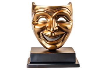 Golden theater mask trophy symbolizing drama comedy performance and achievement isolated transparent background