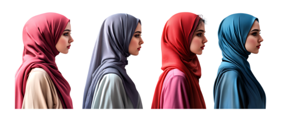 Pack Collection Women in Colorful Hijabs Profile View Fashion Diversity set against transparent background