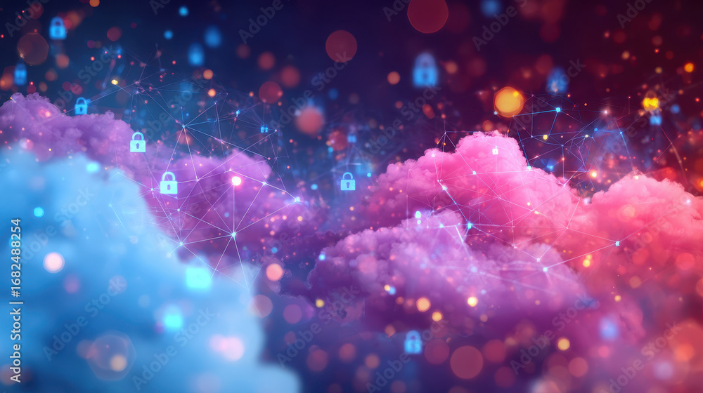 Poster futuristic data visualization secure cloud digital network abstract technology glowing lock cyber se