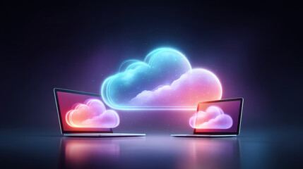 Futuristic cloud computing concept with vibrant neon color, two laptops, digital data transfer, glowing cloud symbol, modern technology, innovation, connectivity
