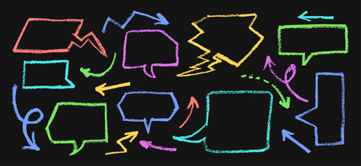 Collection of hand drawn chalk elements. Crayon drawing speech buble set with graffiti style arrows. Vector blue, green yellow charcoal handwriting comic text clouds in doodle style. Grunge texture.