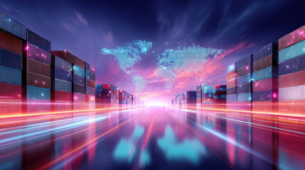 Futuristic digital cargo interface shipping container logistics transportation world map neon light technology export import global trade innovation