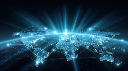 Futuristic digital world map with glowing connection lines, blue light, network technology, global communication, data transfer, innovation, and cyber security concept