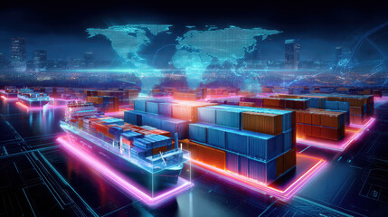 Futuristic digital cargo interface shipping container freight ship neon light global logistics world map technology night cityscape innovation efficiency