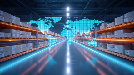 Futuristic digital cargo interface warehouse global logistics supply chain technology shipping storage innovation distribution efficiency illuminated modern