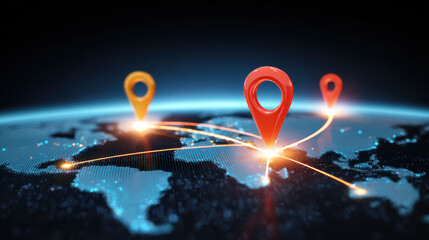 Futuristic global logistics scene with glowing map pin, digital world map, network connection, and vibrant technology concept, symbolizing worldwide delivery and innovation