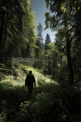 Fototapeta premium person trekking through lush green forest guided by ar interface that displays their path