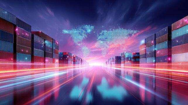 Futuristic digital cargo interface shipping container logistics transportation world map neon light technology export import global trade innovation
