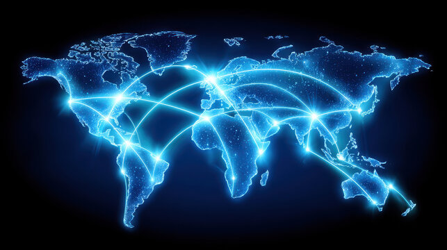 Futuristic digital world map with glowing lines global network technology blue light connectivity communication data transfer modern abstract innovation