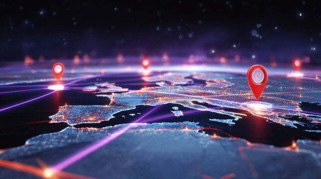 Futuristic global logistics scene with glowing map location pin digital network Europe technology transportation innovation night connectivity modern