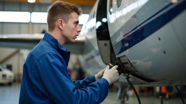 Skilled young airplane mechanic plane check engine avionics hangar industry technology experienced engineer safety scheduled maintenance transportation jet airport repair inspection