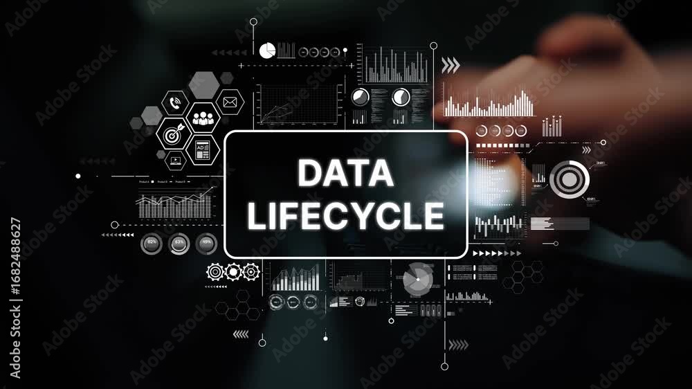 Poster data lifecycle concept with graphs, icons, and digital visuals representing data management strategy