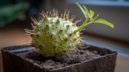 Spiky, light green seed pod sprouting a new plant in a small pot