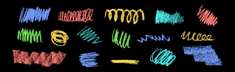 Decorative vector freehand smears and scratchy traces with bold scrawl texture. Curl, swirl and wave strokes in pop red, green, blue, turquoise and yellow on black color chalkboard stain inspired art.