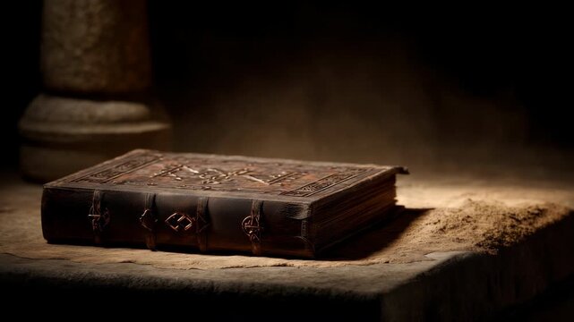 Ancient Leather Bound Spellbook Covered in Dust